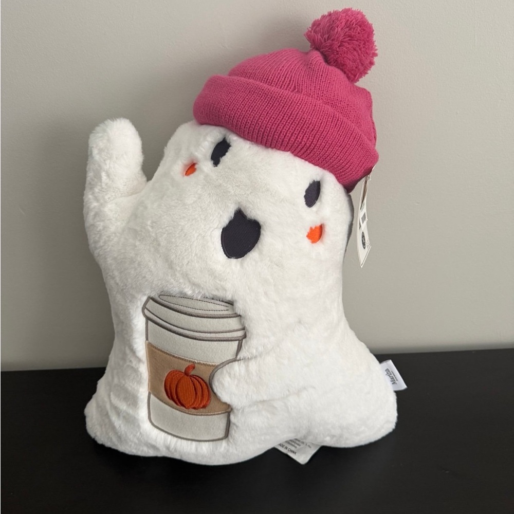 Martha Stewart Ghost Pillow with Pink Beanie and Pumpkin Spice Latte